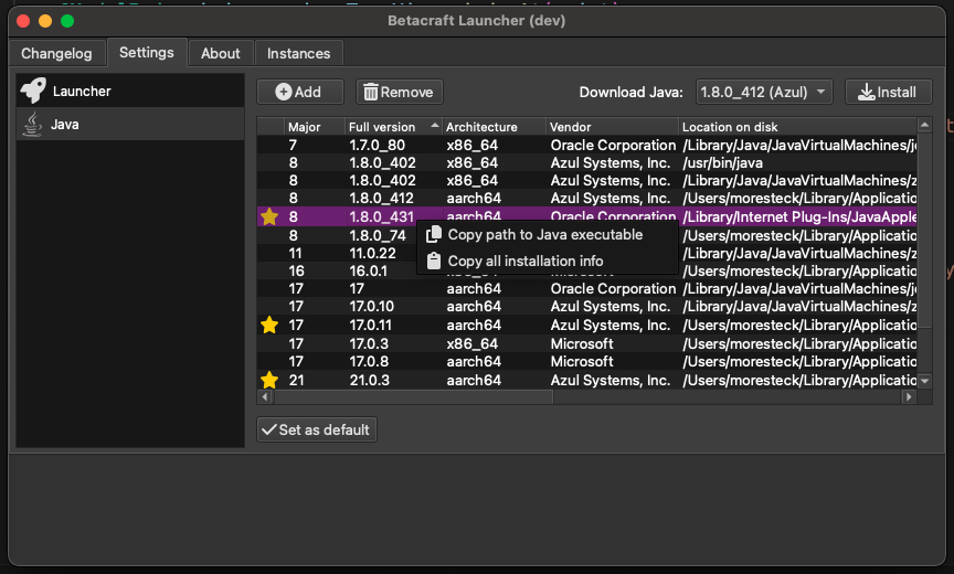 Java installations settings menu