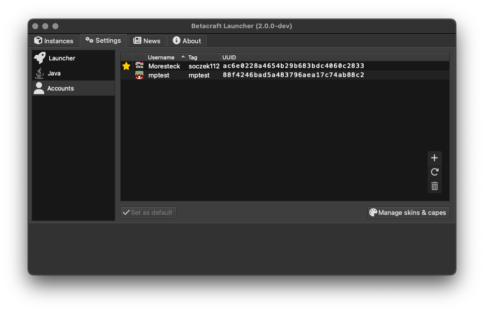 Accounts menu