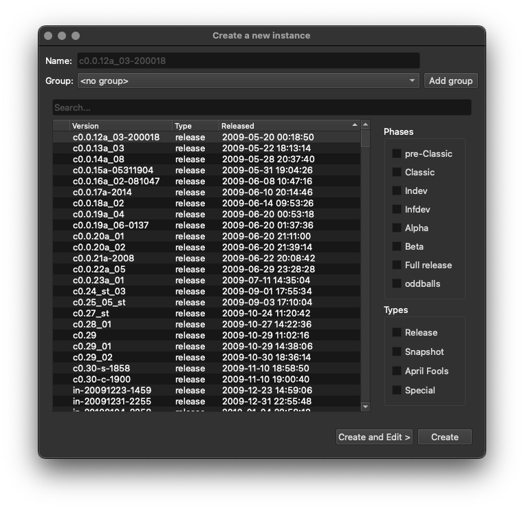 Instance creation widget